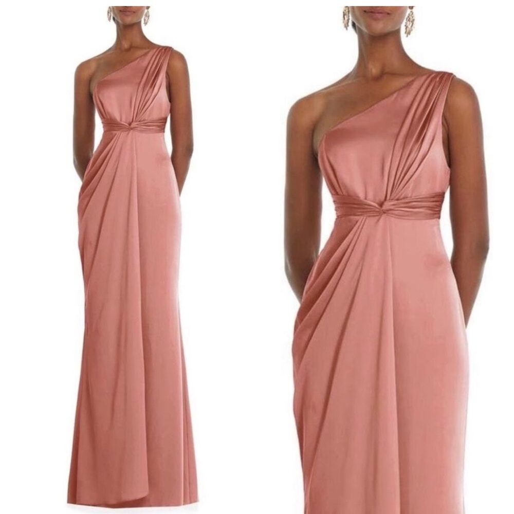 Dessy Collection Pink One-Shoulder Draped Twist Empire Waist Trumpet Gown 6 NWT